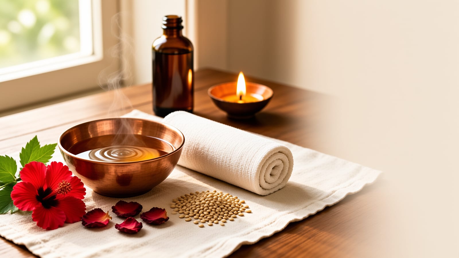 A copper bowl of warm herbal massage oil with hibiscus flowers and a towel