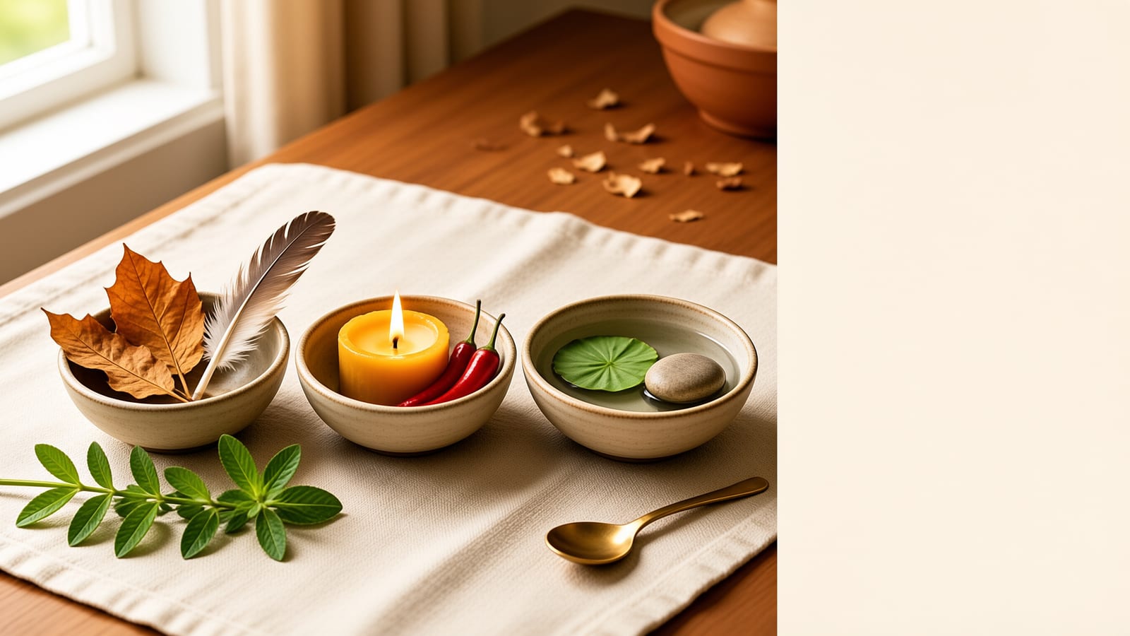 Three clay bowls holding leaves, a candle flame and water for the three doshas
